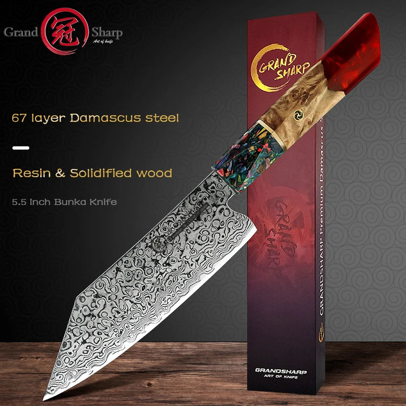 "Premium 5.5 Inch Japanese Damascus Steel Bunka Chef Knife - Ideal for Fruits, Vegetables, and Meats"