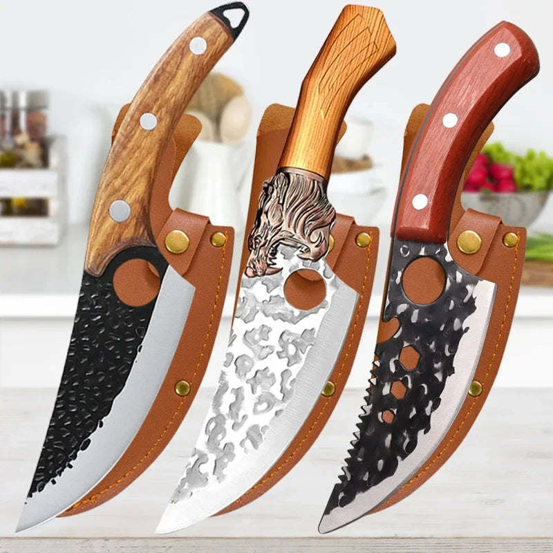 "Handmade Forge Kitchen Knives Set with Wooden Handle and Cover"