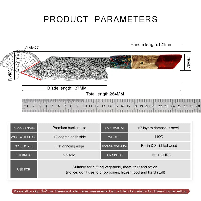 "Premium 5.5 Inch Japanese Damascus Steel Bunka Chef Knife - Ideal for Fruits, Vegetables, and Meats"