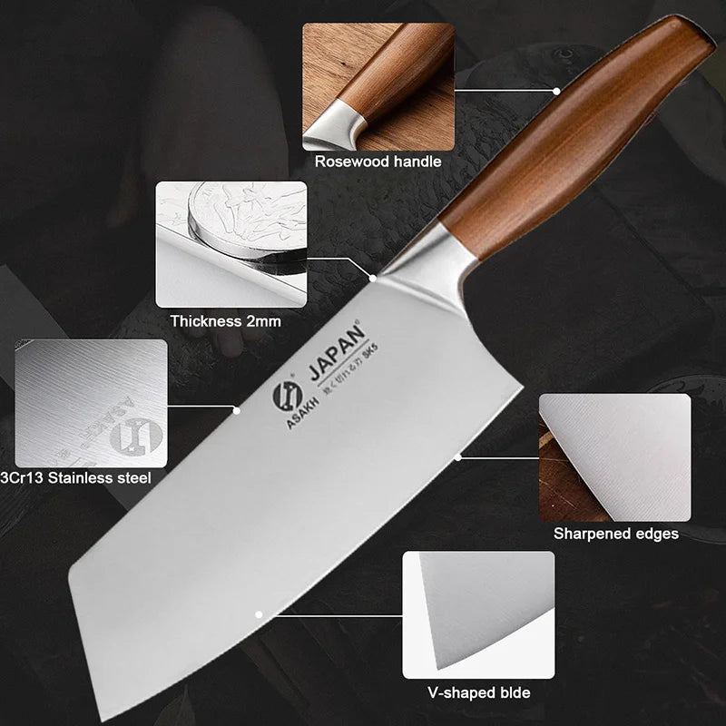 Japanese Chef Knife Set: Premium Stainless Steel Blades for Precise Kitchen Cutting - Includes Cleaver, Butcher Knife, and More!