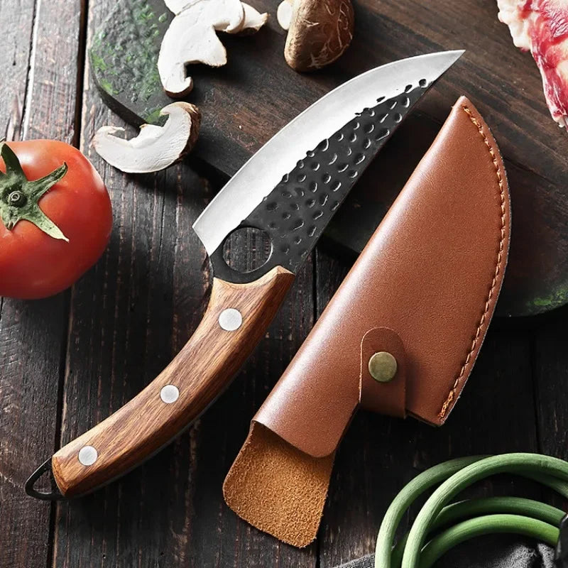 "Handmade Forge Kitchen Knives Set with Wooden Handle and Cover"