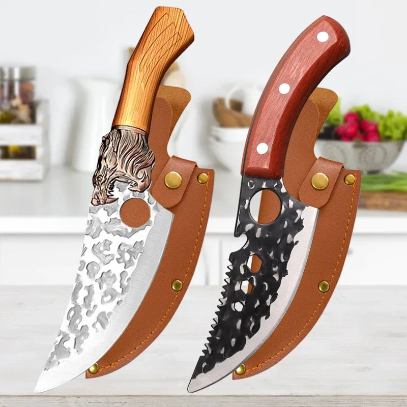 "Handmade Forge Kitchen Knives Set with Wooden Handle and Cover"