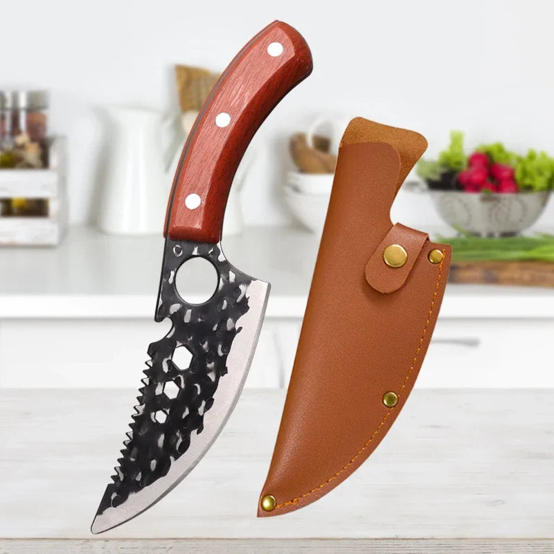 "Handmade Forge Kitchen Knives Set with Wooden Handle and Cover"