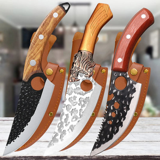 "Handmade Forge Kitchen Knives Set with Wooden Handle and Cover"