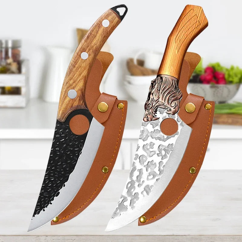 "Handmade Forge Kitchen Knives Set with Wooden Handle and Cover"