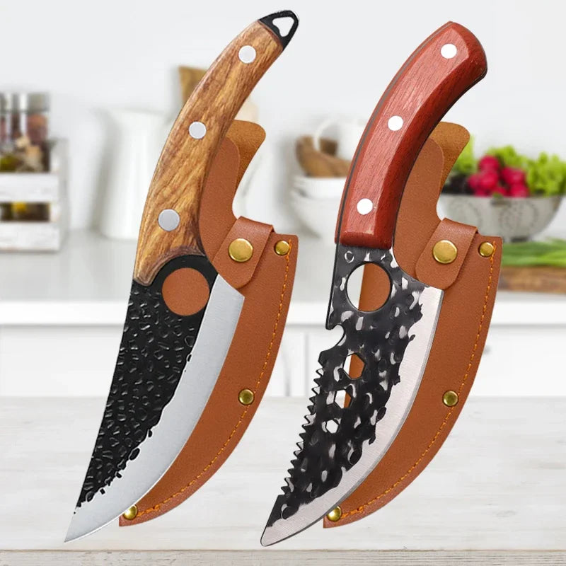 "Handmade Forge Kitchen Knives Set with Wooden Handle and Cover"