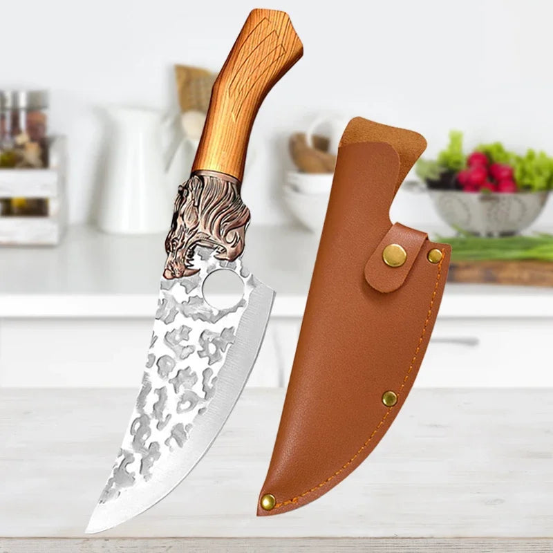 "Handmade Forge Kitchen Knives Set with Wooden Handle and Cover"