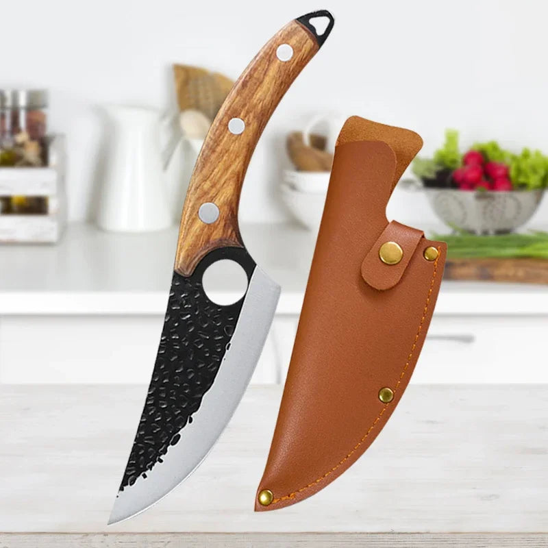 "Handmade Forge Kitchen Knives Set with Wooden Handle and Cover"