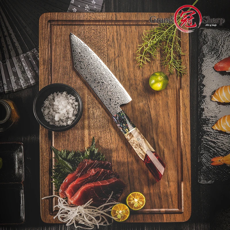 "Premium 5.5 Inch Japanese Damascus Steel Bunka Chef Knife - Ideal for Fruits, Vegetables, and Meats"